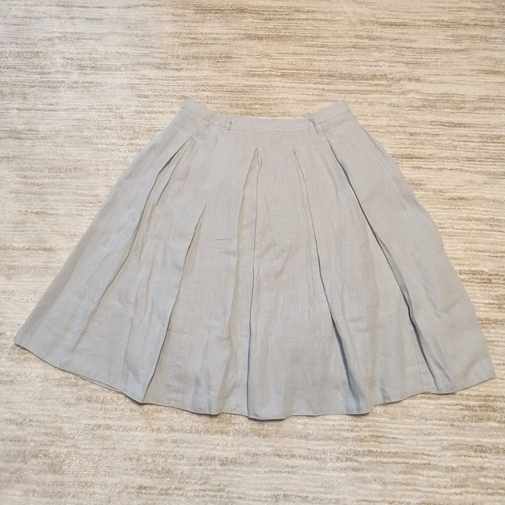 Talbots Linen Skirt Sz 12 Gray Pleated A-Line Cotton Lined Coastal Midi Beach